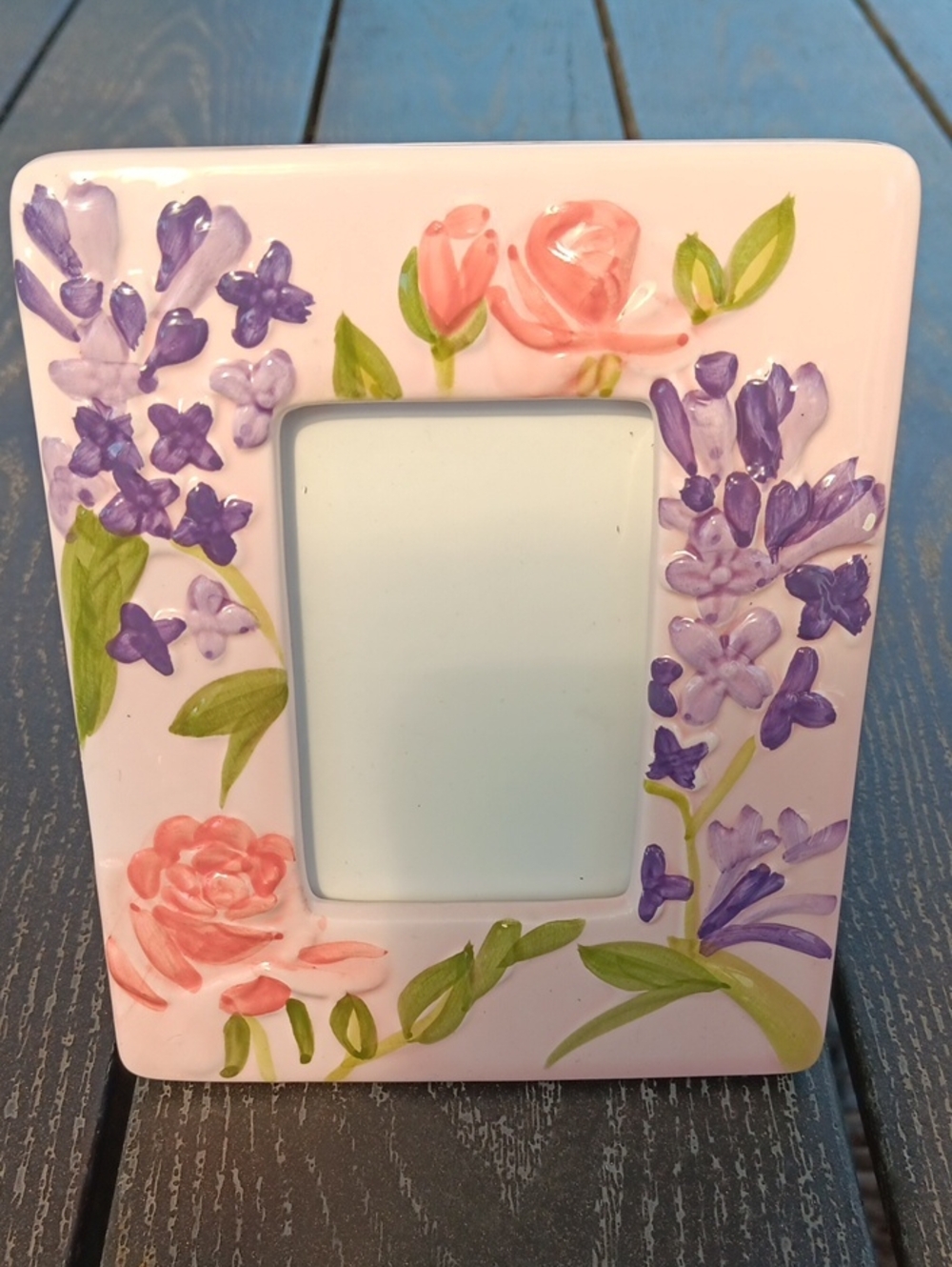 Hand-Painted Floral Ceramic Photo Frame — Pink with Purple Flowers